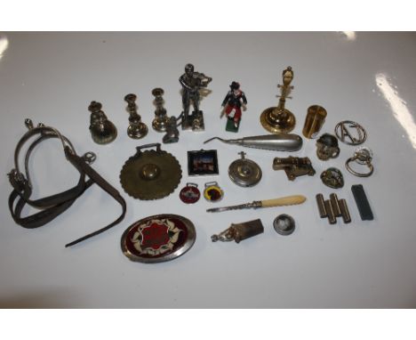 Two trays of various items including stirrups, Victorian photographic lens by W Watson &amp; Sons, other metal items etc