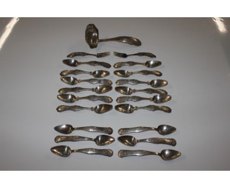 A part suite of antique Dutch silver flatware comprising 18 teaspoons, ladle and pair of forks