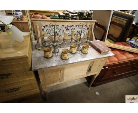 A pine marble topped washstand with Minton tile back