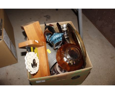 A box of miscellaneous glass; china and metal ware to include a pewter tankard; Poole pottery dolphin etc