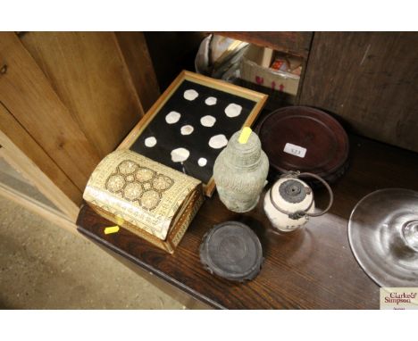 A mother of pearl inlaid trinket box; a Buddha's head; two hardwood stands; a crackle glazed pot and cover etc