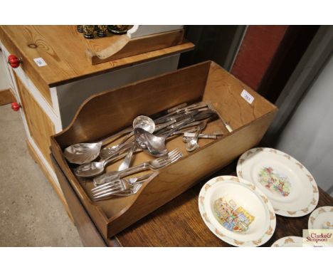 A vintage oak filing drawer and contents of plated cutlery including a soup ladle 