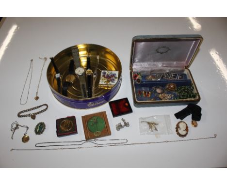 A tin and box containing various costume jewellery including silver gilt bracelet with padlock clasp, silver gilt pendant hun