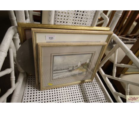 Two gilt picture frames; a watercolour study of a harbour and another depicting a light house