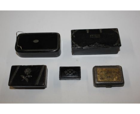 A collection of three 19th Century papier mache snuff boxes, a miniature similar and a Bryant &amp; May metal vesta box