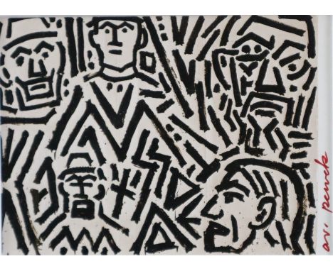Penck, A.R. (1939 Dresden-2017 Zürich) - "Ohne Titel" (1981), handsignierte Kunstpostkarte, im Doppelpassepartout unter Glas 