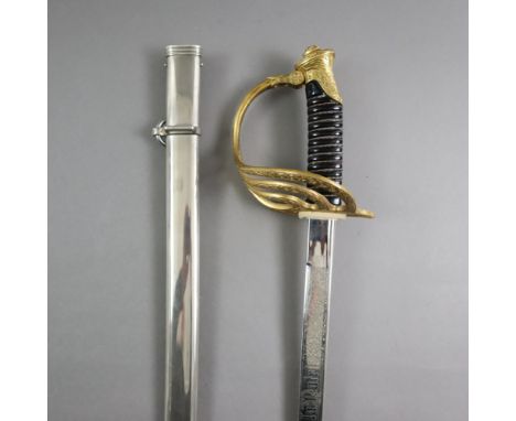 Infanterie-Offizierssäbel - Belgien, aufwändige Ätzungen auf beiden Seiten der Steckrückenklinge sowie Schriftzug "Pour le Ro