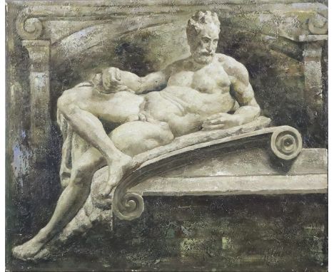 Unbekannte/r Künstler/in - 20.Jh.- Die Abenddämmerung („Crepusculo“), Öl und Collage auf Leinwand, dargestellt ist die Liegef