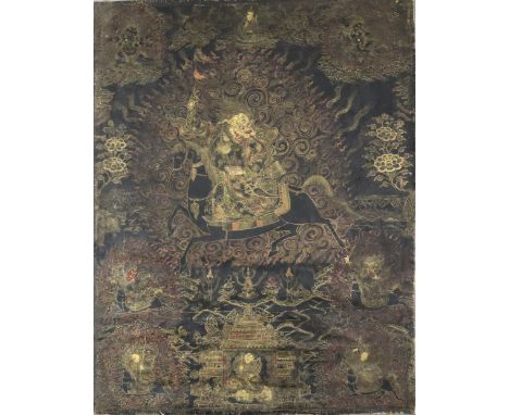 Seltenes schwarzgrundiges Thangka mit löwenköpfiger Schutzgottheit und Gefolge -sog. 'nag thang'- Tibet, wohl 18.Jh., gemahle