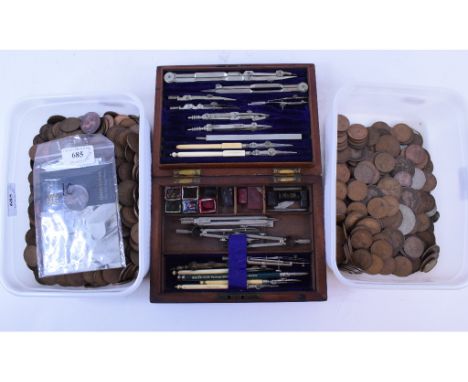 A late 19th/early 20th century geometry set, Chinese ink blocks, various coins, two Doulton foot warmers, and a cuckoo clock 