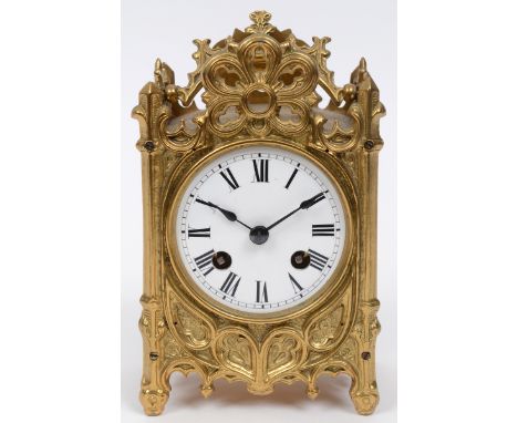 A carriage clock, the 8 cm diameter enamel dial with Roman numerals, fitted an eight day movement striking on a bell, in a br