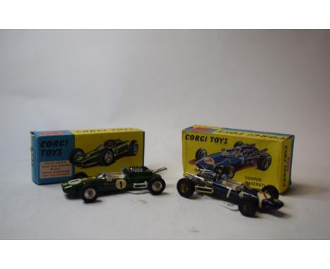 A Corgi Toys Cooper Maserati F1, 156 and another Lotus-Climax Formula 1 racing car, 155, both boxed (2)   Condition report  R