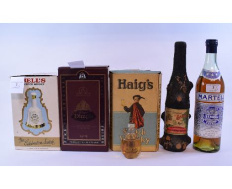 A bottle of Capalan Martell cognac 70° proof, two bottles of Haig's Dimple whisky (one low level), a miniature bottle of Haig