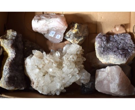 A large section of amethyst quartz crystal, similar crystals and minerals, and a quantity of shells and similar items (5 boxe