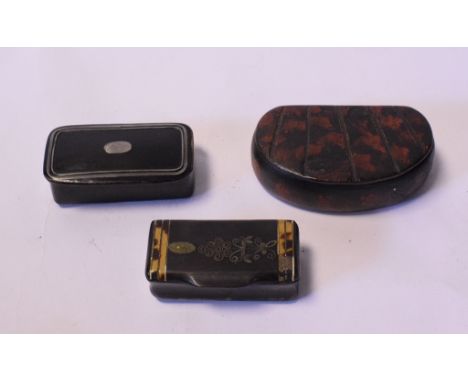 A tortoiseshell inlaid bone snuff box, with inlay decoration, two other snuff boxes, two cheroot holders, a pocket watch and 