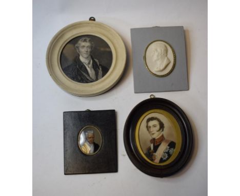 An oval bust portrait miniature of The Duke of Wellington, 7.5 x 5.5 cm, and three other similar pictures, (4)