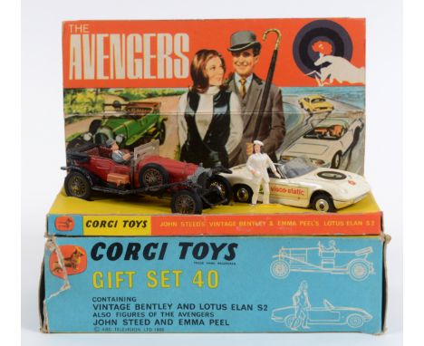 A Corgi Toys gift set No 40, the Avengers, with vintage Bentley and Lotus Elan S2 and figures of John Steed & Emma Peel, card