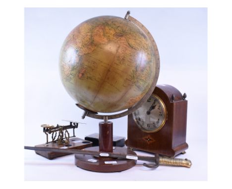 A 20th century table globe (damages), 54 cm high, a bayonet, a set of postal scales, a clock and assorted clock parts (5)