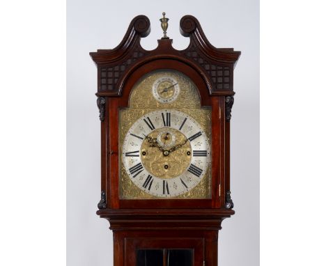 A longcase clock, the 30.5 arched square brass dial with a silvered chapter ring having Roman numerals and subsidiary second 
