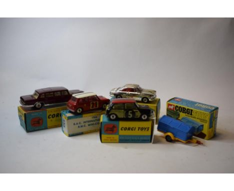 A Corgi Toys Austin Se7en, 225, and five others Mini-Cooper with De-Luxe wickerwork, 249, Simca 1000 competition model, 315, 