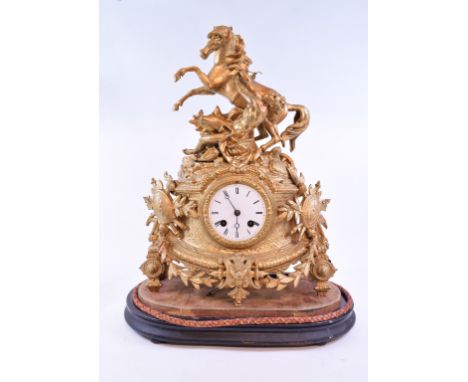 A 19th century French figural mantel clock, 22 cm high with a 7.5 cm diameter dial, under a glass dome, 35 cm wide   Conditio