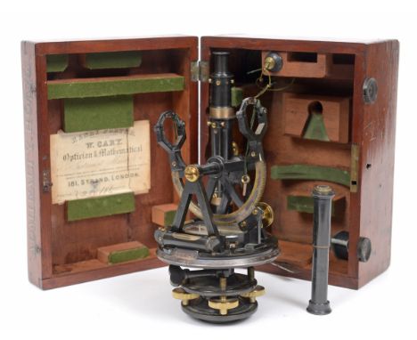 A 19th century W Cary of London theodolite, in a fitted mahogany Admiralty case, 23 cm wide  See illustration   Condition rep