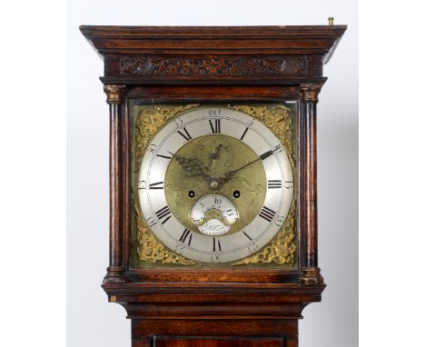 A longcase clock, the 30.5 cm square brass dial signed J Pollard Crediton, the silvered chapter ring with Roman numerals, the