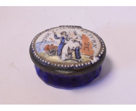 An enamel box and cover, decorated The Sailor's Return, damaged, 4.5 cm wide, a mother of pearl thimble box, a tooled leather