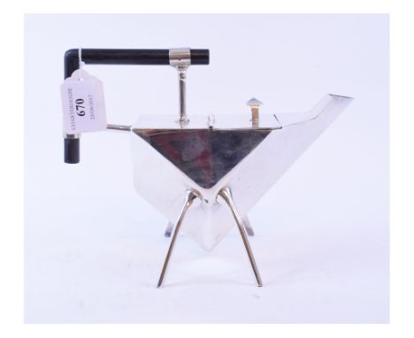 A Dr Christopher Dresser style plated metal teapot, 21 cm wide   Condition report  Modern