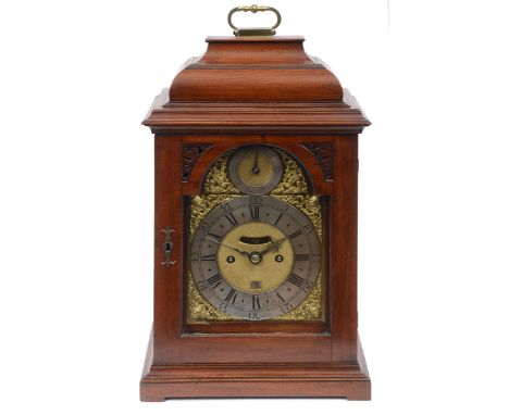 A bracket clock, the 17 cm arched square brass dial signed Stephen Asselin, London, the matt centre with visible pendulum and