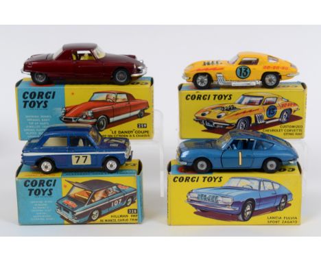 A Corgi Toys Lancia Fulvia Sport Zagato, 223, and three others La Dandy coupe, 259, customised Chevrolet Corvette Sting Ray, 