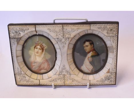 A pair of oval bust portrait miniatures, of Napoleon and Josephine, initialled, 8 x 6 cm, framed as one, another miniature, a