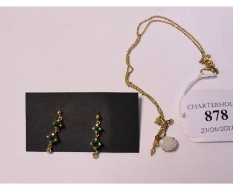 A pair of yellow coloured metal, emerald and diamond drop earrings, and a 9ct gold and opal necklace