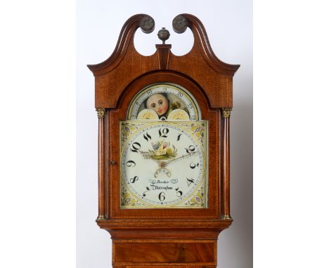 A longcase clock, the 32 cm arched square painted dial with calendar aperture and phase of the moon and signed Barber Notting