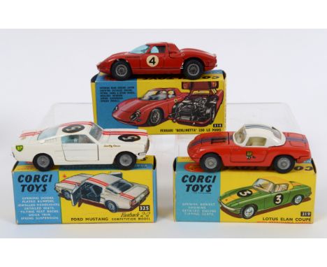 A Corgi Toys Lotus Elan coupé, 319, with detachable chassis, and two others Ferrari Berlinetta 250 Le Mans, 314 and Ford Must