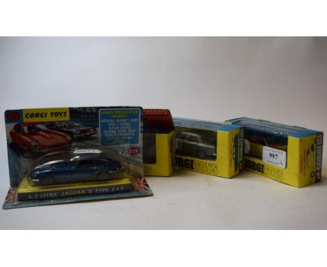 A Corgi Toys Jaguar E-Type 4.2L 2+2, 335, and three others, Mini Marcos GT 850, 341, Rover 2000 TC, 275 and Chevrolet SS 350 