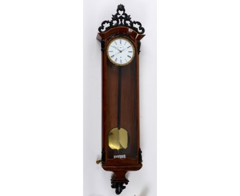 A late 19th century Vienna regulator wall clock, the 16 cm diameter enamel dial with Roman numerals and subsidiary seconds di