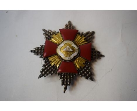 A Masonic silver coloured metal and enamel red cross of Constantine badge, by Alberti & Co (slight loss to enamel), 9 cm wide