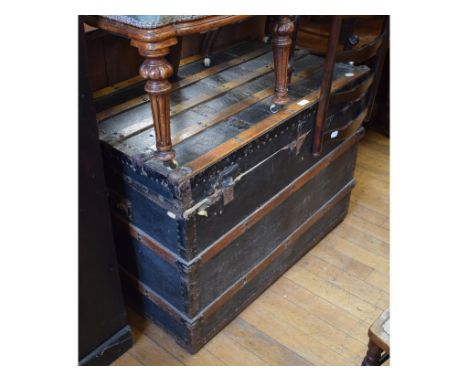 A 19th century trunk, 92 cm wide, a sideboard, a chest of drawers, two tables, five chairs and a bookcase (11)