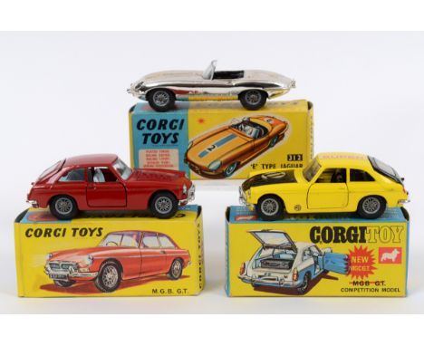 A Corgi Toys Jaguar E-Type competition model, 312, and two others MG B GT competition model 345 and MG B GT 327, all boxed (3