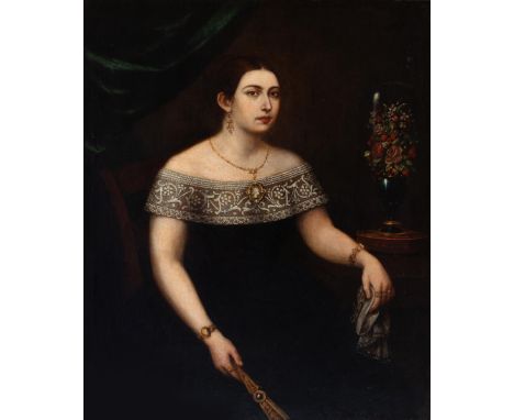 Spanish school, ca. 1850."Portrait of a lady with a fan.Oil on canvas.Signed A. M. Esquivel on the table.Measurements: 102 x 