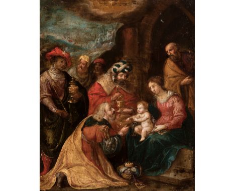 FRANS FRANCKEN II (Antwerp, 1581 - 1642)."Adoration of the Magi.Oil on copper.It has a 19th century Dutch frame.Measurements: