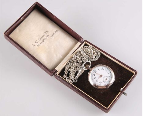 A DRESS POCKET WATCH AND CHAIN the circular white enamel dial with black Arabic index, outer minute track and 5-minute marker