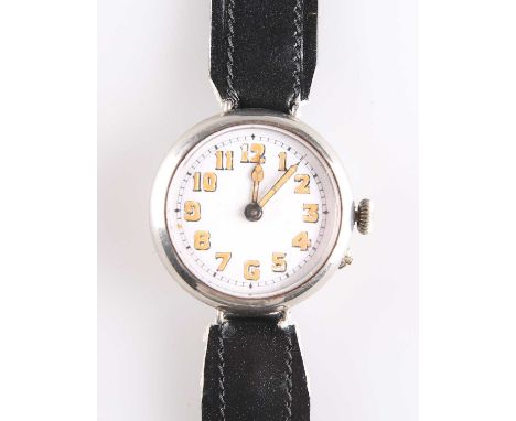A STEEL TRENCH-STYLE WATCH the circular white enamel dial with Arabic index and outer minute track, plain circular case 33mm 