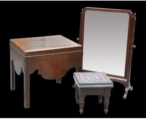 A GEORGE III MAHOGANY TOILET MIRROR with reeded uprights; together with A GEORGE III OAK COMMODE, with square-section legs; a