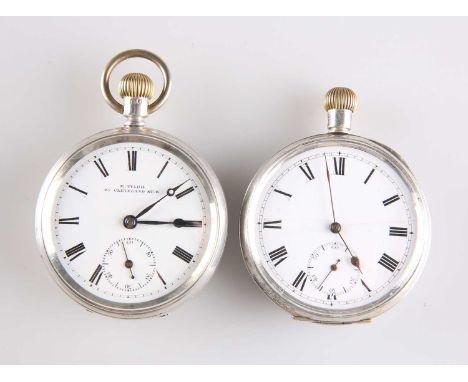 TWO SILVER POCKET WATCHES the first, circular white enamel dial signed R. Tyler 45 Clevelns St. W with black Roman index and 