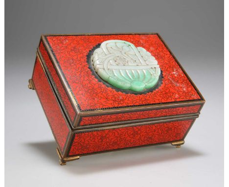 A JAPANESE ENAMEL BOX, EARLY 20TH CENTURY in red and gilt enamel, the hinged cover inset with a carved circular plaque, proba
