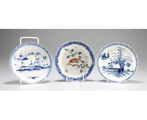 THREE LIVERPOOL PORCELAIN SAUCERS including a Philip Christian 'Long Bridge and House' blue and white saucer. (3) Each approx