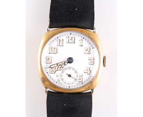 A GOLD-FILLED WRISTWATCH the circular white enamel dial with painted Arabic numerals and index, blued steel luminous painted 