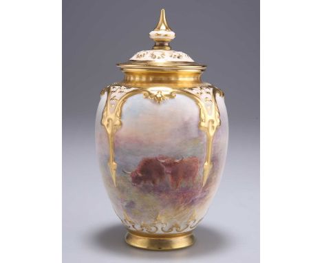 A ROYAL WORCESTER POT POURRI VASE AND COVER the ovoid body painted with Highland Cattle by Harry Stinton, signed, no. H169, b